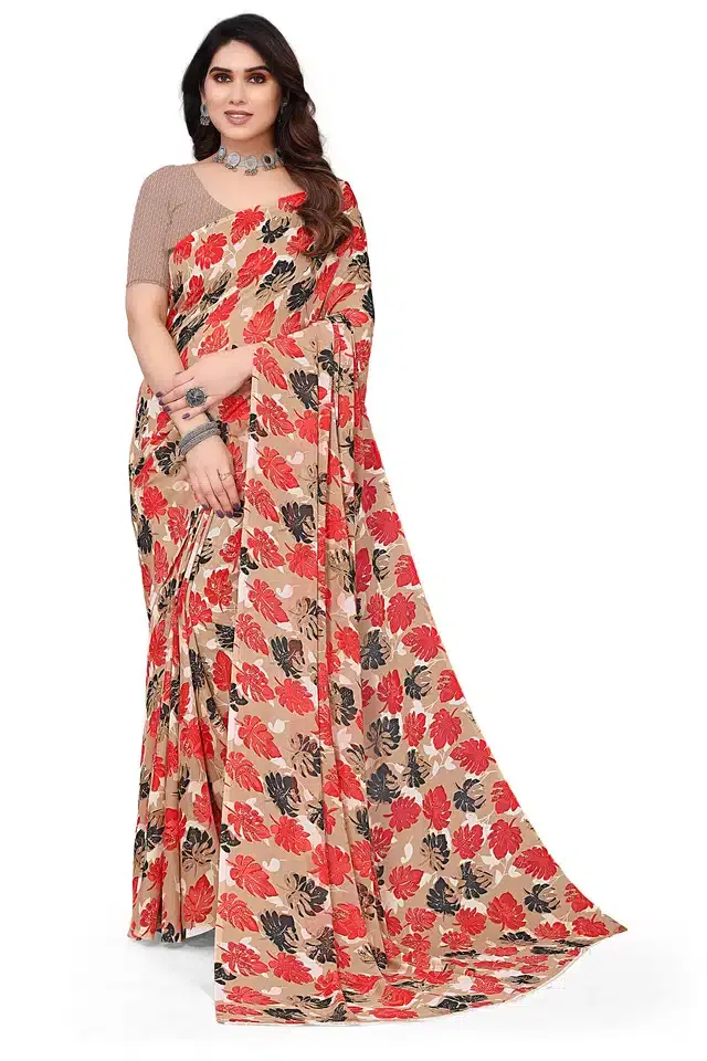 Georgette Printed Saree for Women (Beige & Peach, 6.3 m)