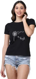 Round Neck Printed T-Shirt for Women (Black, S)