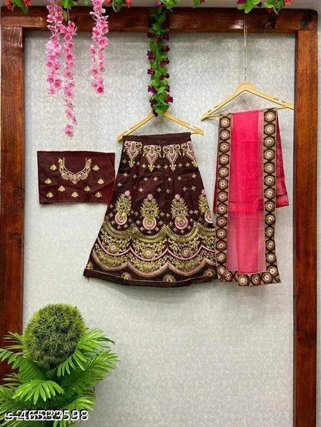 Satin Embroidered Lehenga with Choli & Dupatta for Girls (Maroon & Pink, 10-11 Years)
