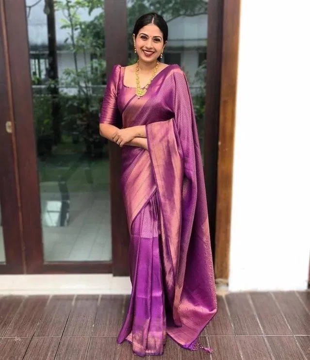 Kanjeevaram Silk Printed Saree for Women (Purple)