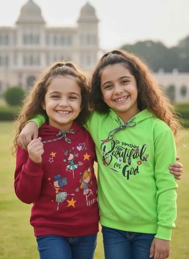 Wool Printed Hoodie for Girls, Multicolor, Pack of 2 (4-5 Years)