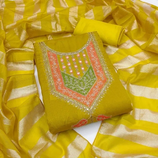 Vichitra Silk Embroidered Unstitched Suit Fabric, Yellow