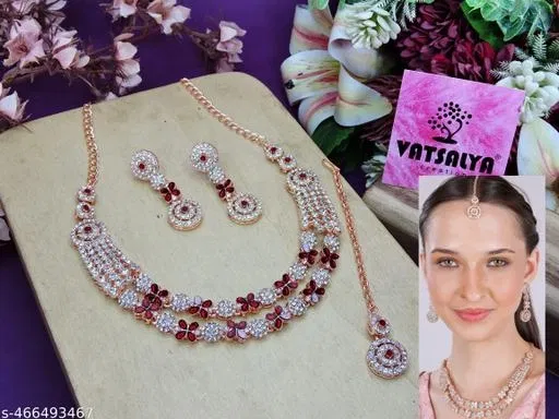 Rose Gold Finish Classic 2 Layer Necklace Set for Women (Maroon, Free Size)