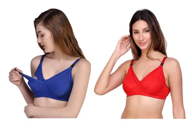 Cotton Blend Solid Non Padded Feeding Bras for Women (Multicolor, 32) (Pack of 2)