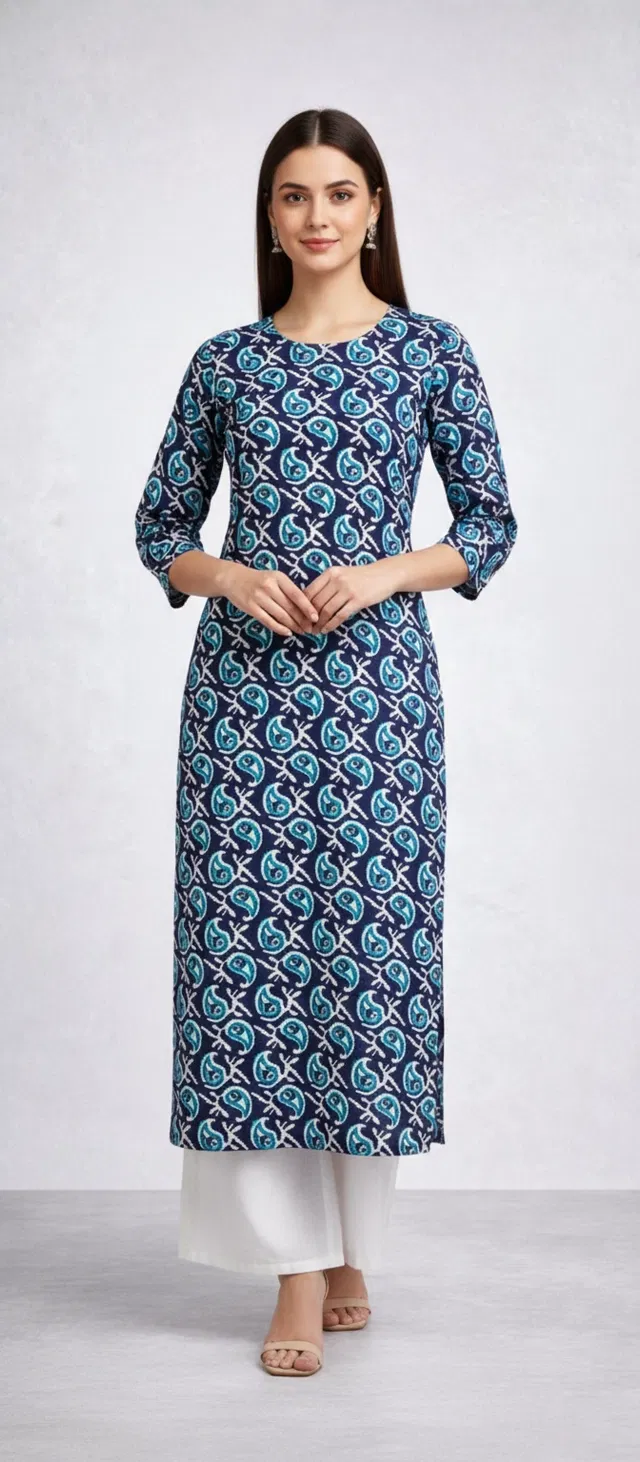 Cotton Blend Printed Kurti for Women, Blue (XXL)