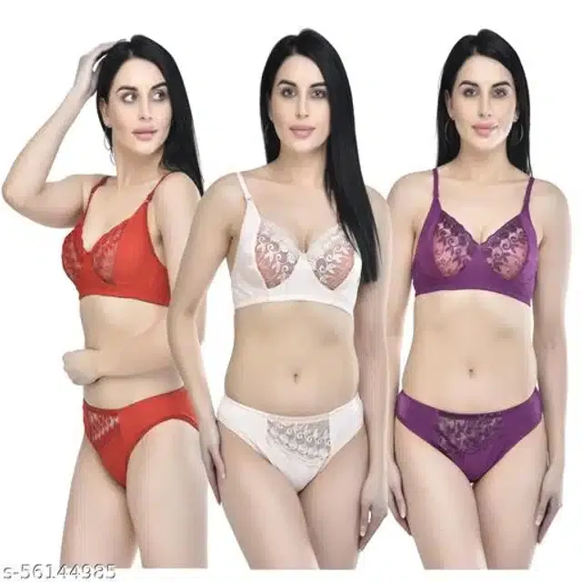 Polycotton Lingerie Set for Women (Multicolor , 32B) (Pack of 3)
