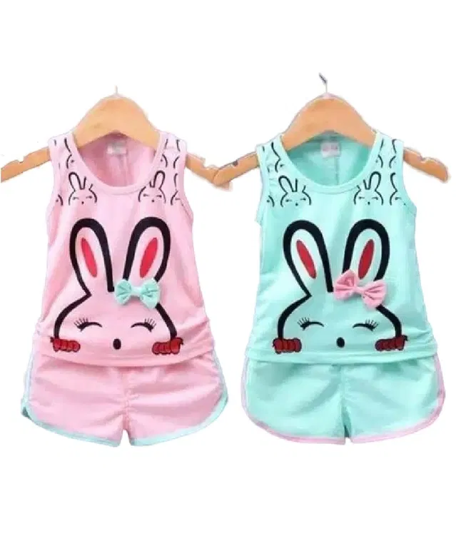 Hosiery Cotton Sleeveless T-Shirt with Pant Clothing Set for Kids (Pink & Sea Green, 1-2 Years) (Set of 2)