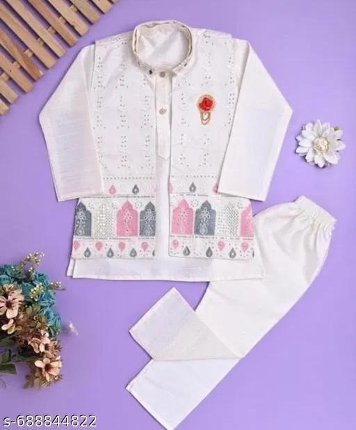 Embellished Art Silk Kurta Set for Boys (White, 3-6 Months)
