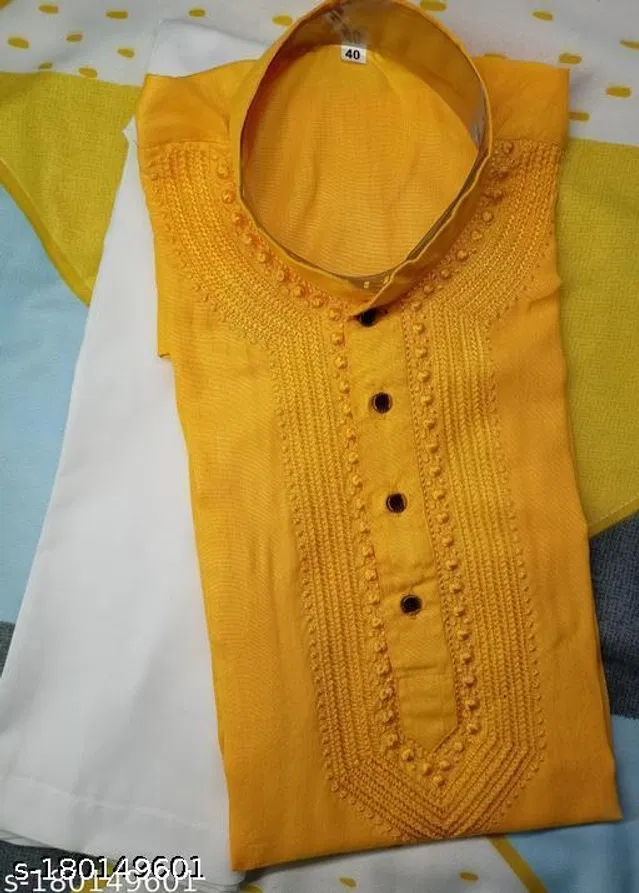 Cotton Embroidered Kurta with Pyjama for Men (Yellow & White, XXXL)
