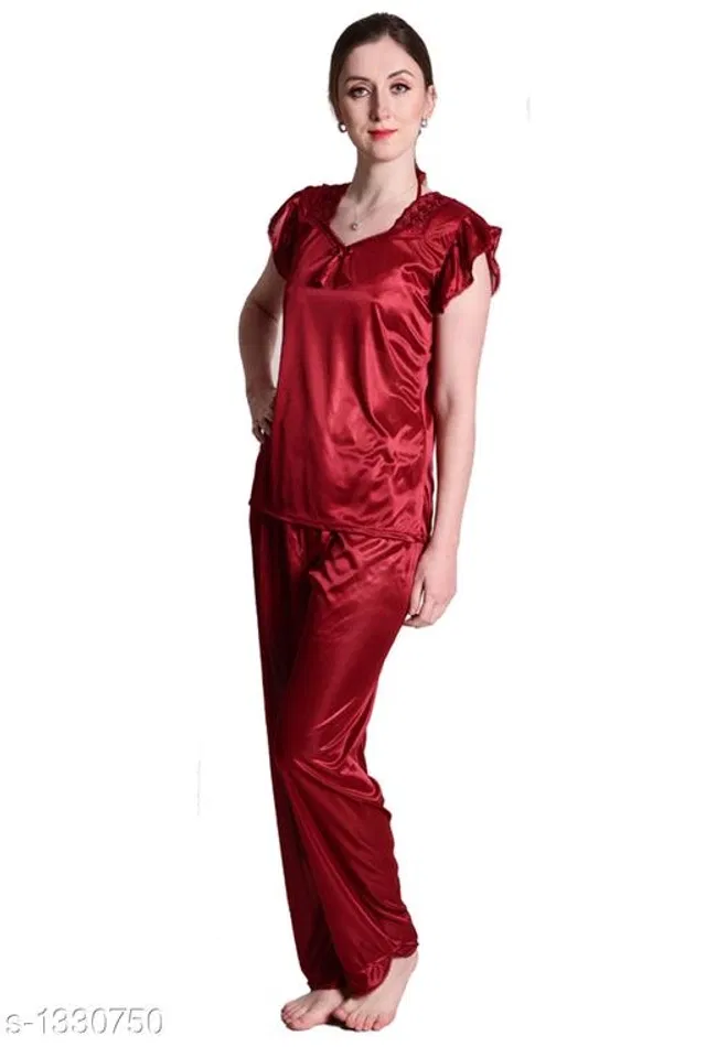 Satin Nightsuit Set for Women (Maroon, L)