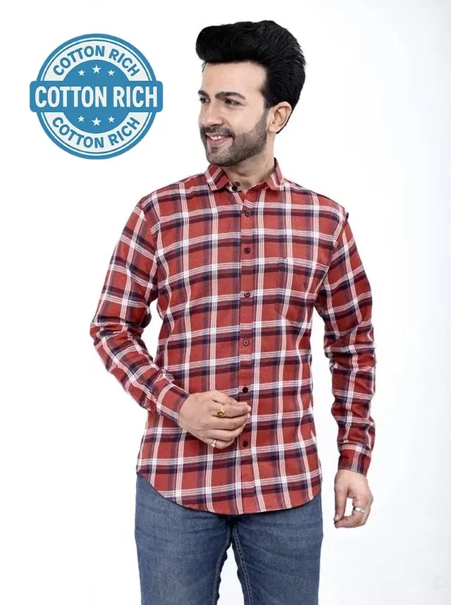 Cotton Blend Chequered Shirt for Men (Orange, XL)