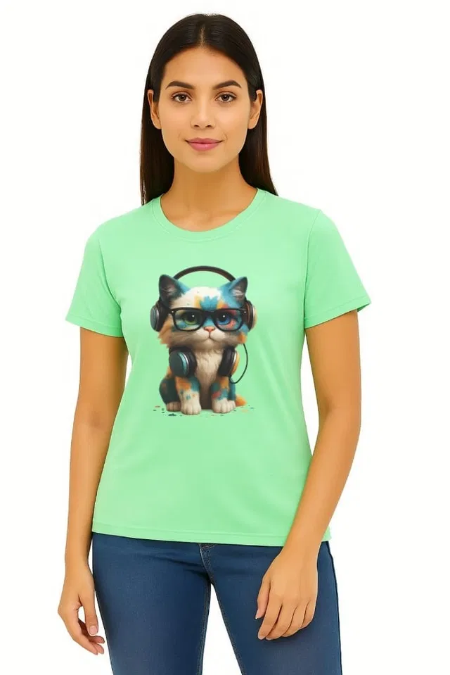 Cotton Blend Printed T-shirt for Women, Green (XL)