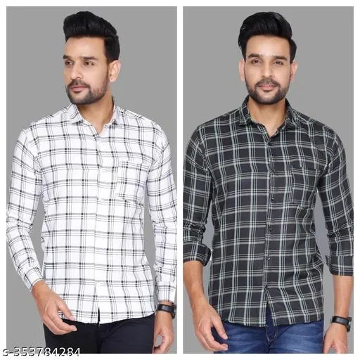Cotton Blend Checked Shirt for Men, White & Black (M) Pack of 2