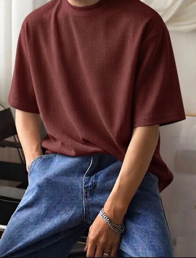 Ribbed Knit Oversized T-shirt for Men (Maroon, L)