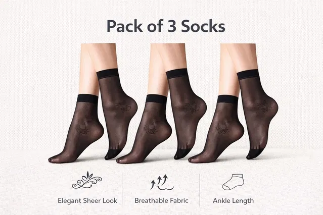 Sheer Ankle Length Nylon Socks ,Multicolor, Set of 3