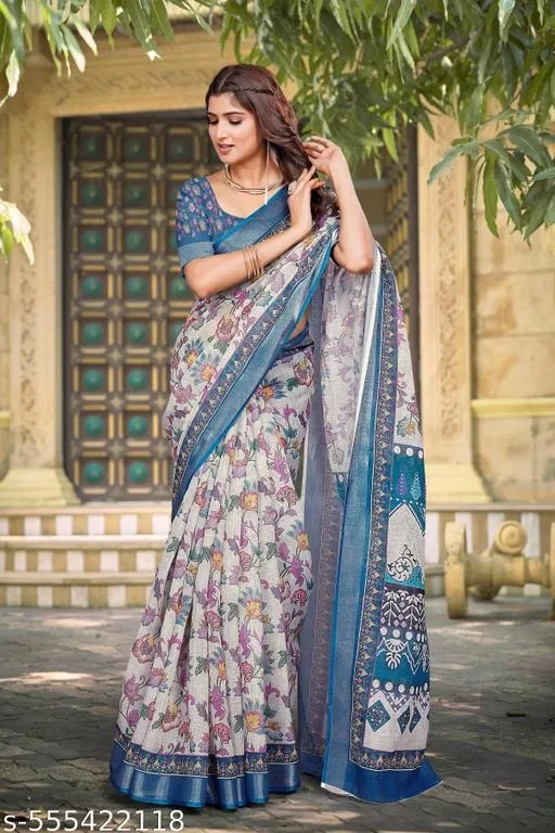 Cotton Linen Saree for Women (White, Colour)