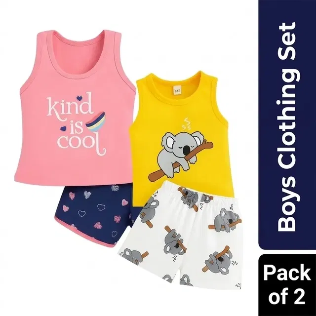 Cotton Blend Printed Clothing Set for Boys, Combo Pack of 2, Peach & Blue & Yellow & White, 0-6 Months