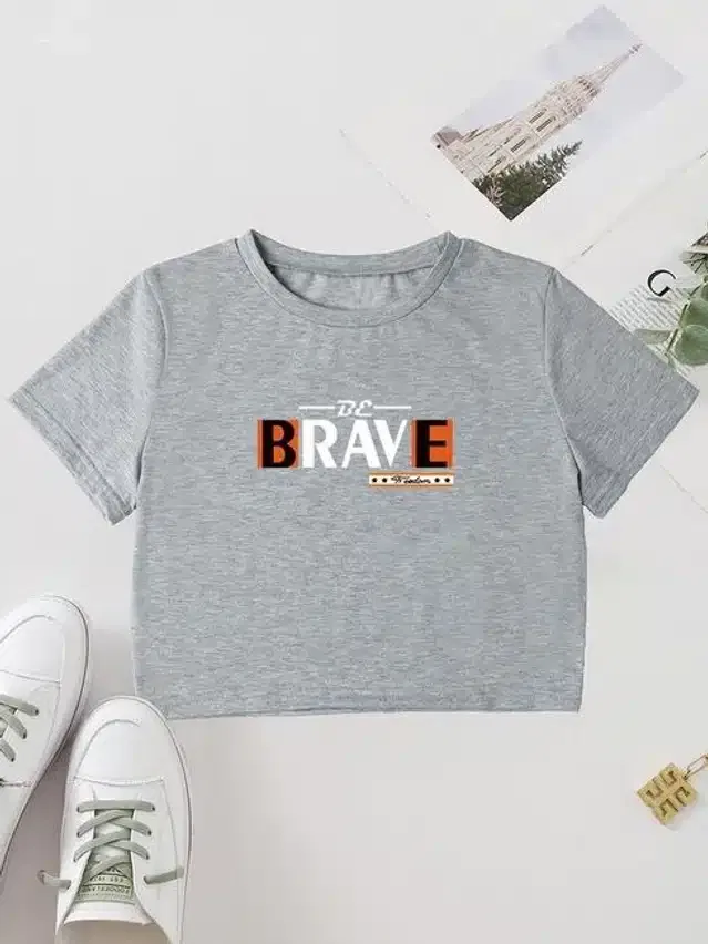 Printed Crop T-shirt for Women (Grey, S)