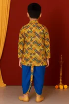 Cotton Printed Kurta with Dhoti for Boys, Yellow & Blue 