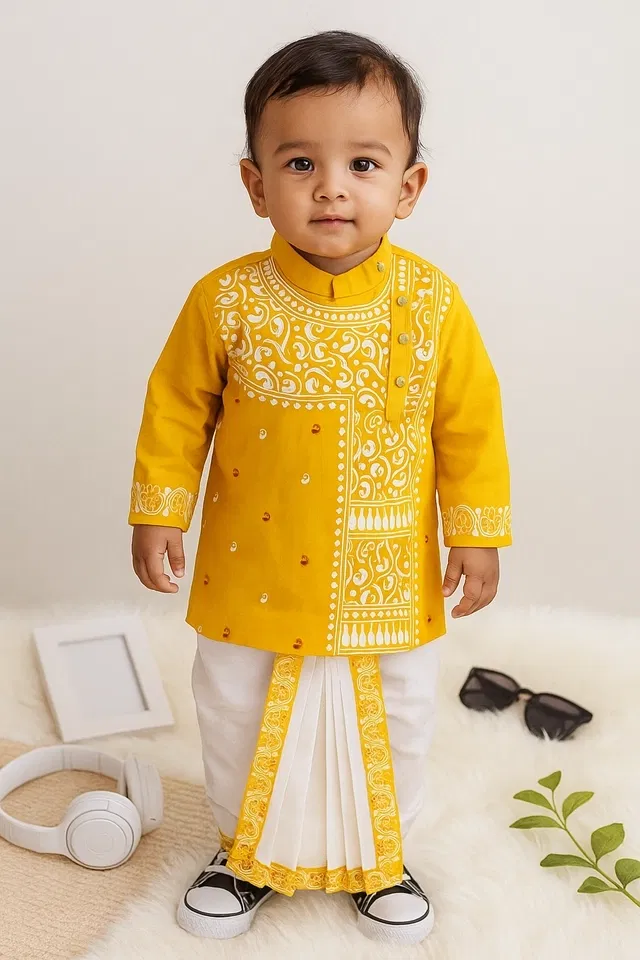 Cotton Printed Kurta with Dhoti for Boys, Yellow & White (6-12 Months)