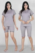 Polycotton Solid T-shirt with Shorts & Capri for Women (Grey, L)