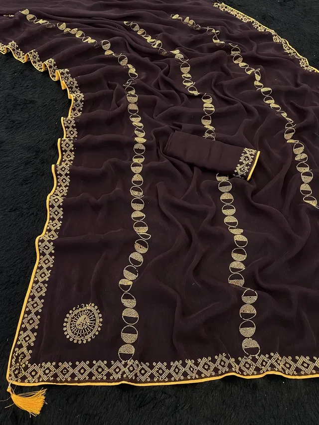 Crepe Solid Saree for Women (Dark Wine, 6.3 m)