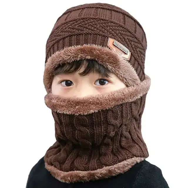 Winter Cap with Neck Warmer for Boys (Brown, 7-14 Years) (Set of 1)