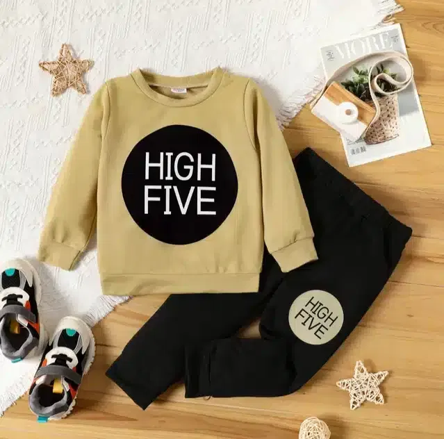 Full Sleeves Printed Top & Bottom Set for Kids (Beige & Black, 12-18 Months)
