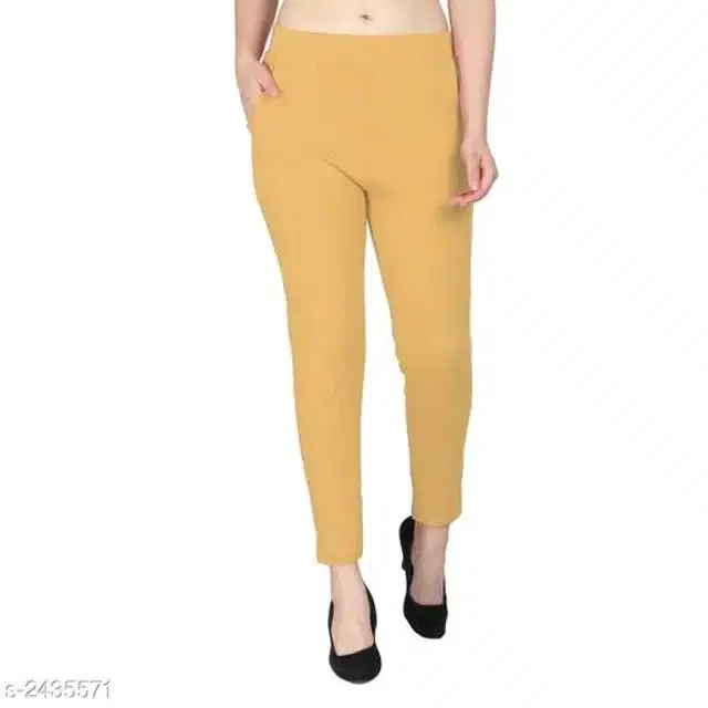 Cotton Lycra Trouser for Women (Gold, XL)