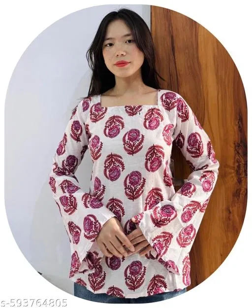 Floral Cotton Short Kurti for Women (Multicolor, L)