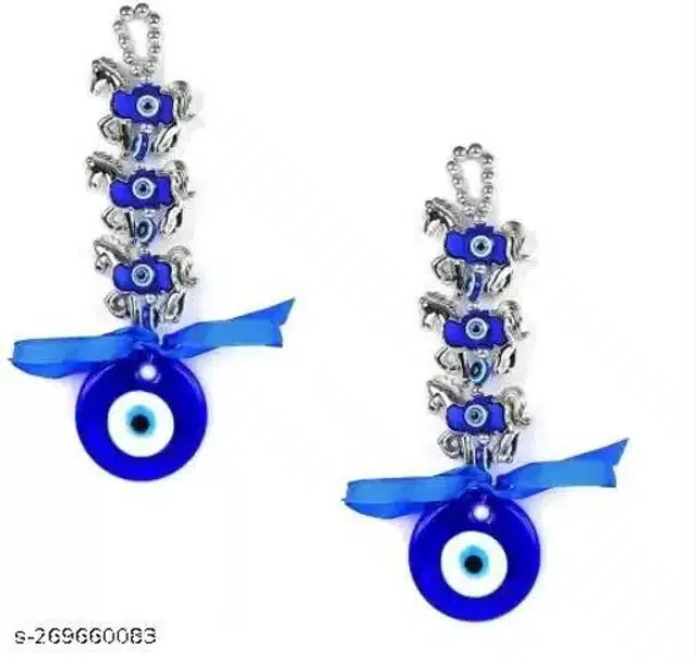 Three Horse Evil Eyes Wall Hanging (Blue, Pack of 2)
