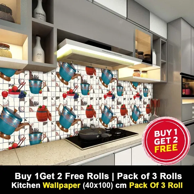 Vinyl Wallpaper for Kitchen Wall (Multicolor, 100x40 cm) (Pack of 3)