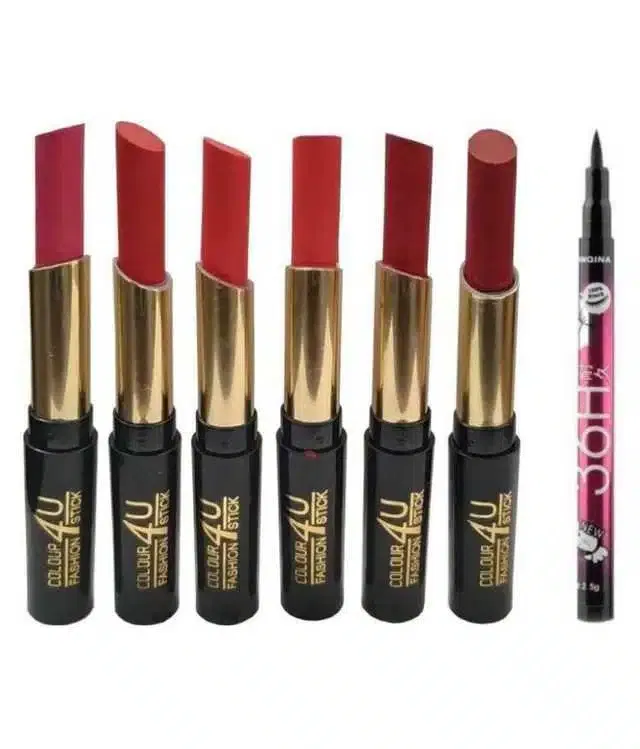 Lenon Black Eyeliner 36 Hrs & Matte Lipstick Multicolor (6 g) (Pack of 7) (S-32)