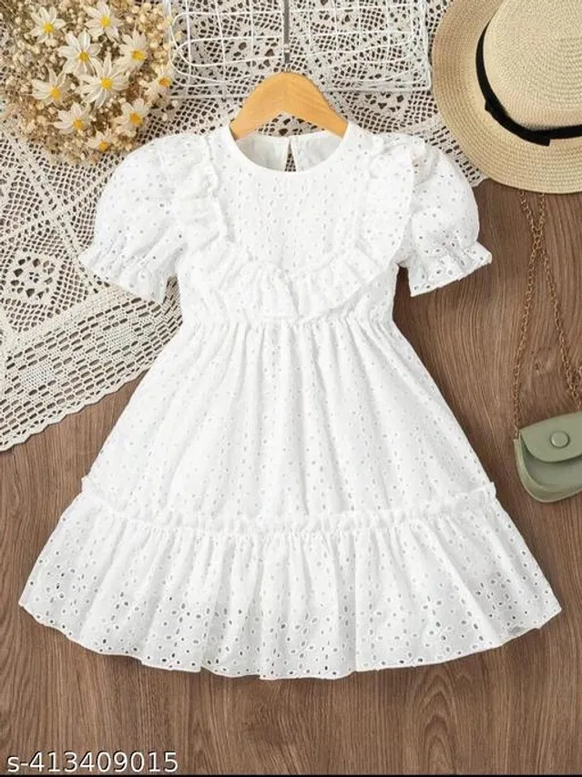 Cotton Frock for Girls (White, 1-2 Years)