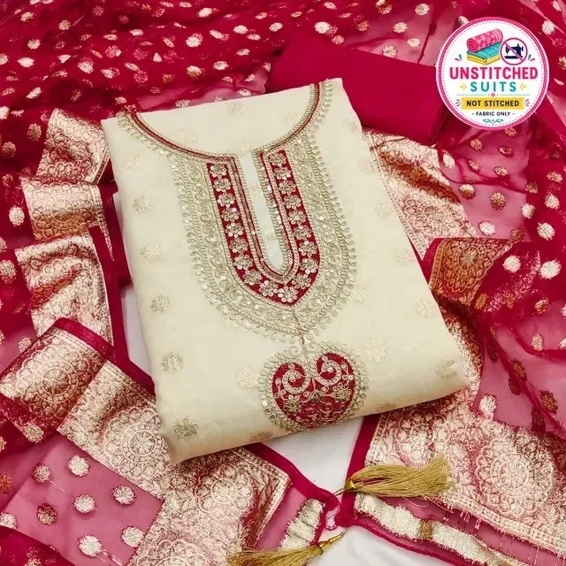 Vichitra Silk Embroidered Unstitched Suit Fabric, Pink