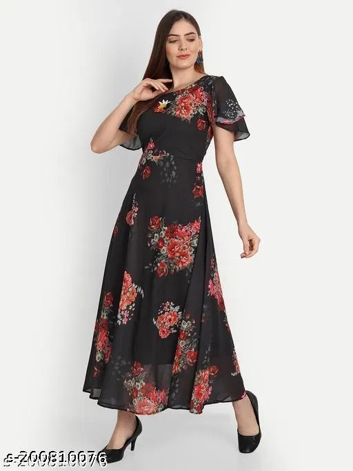 Everyday Party Gown for Women (Black, 4XL)