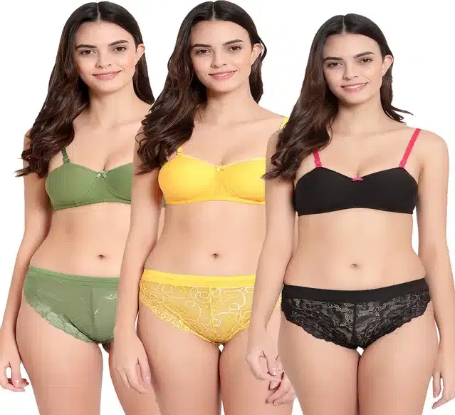 Cotton Blend Lingerie Set for Women (Multicolor, 30A) (Set of 3)