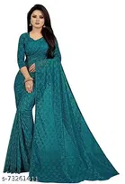 Net Solid Saree for Women, Teal 