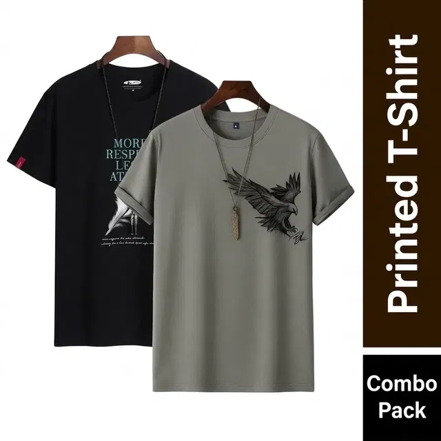 Men's Round Neck Printed T-Shirts - Pack of 2, Grey & Black, L