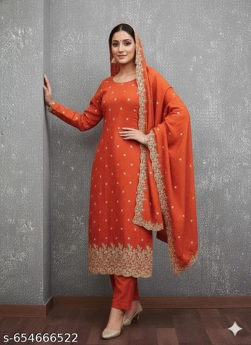 Vichitra Silk Punjabi/All Over Suits (Orange, 6.25 meter for Women (L)