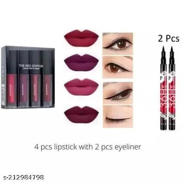4 Pcs Liquid Lipstick with 2 Pcs Eye Liner (Set of 2)