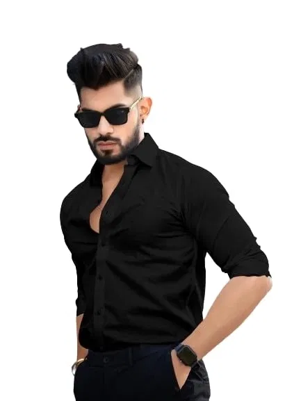 Cotton Blend Full Sleeves Solid Shirt for Men (Black, L)
