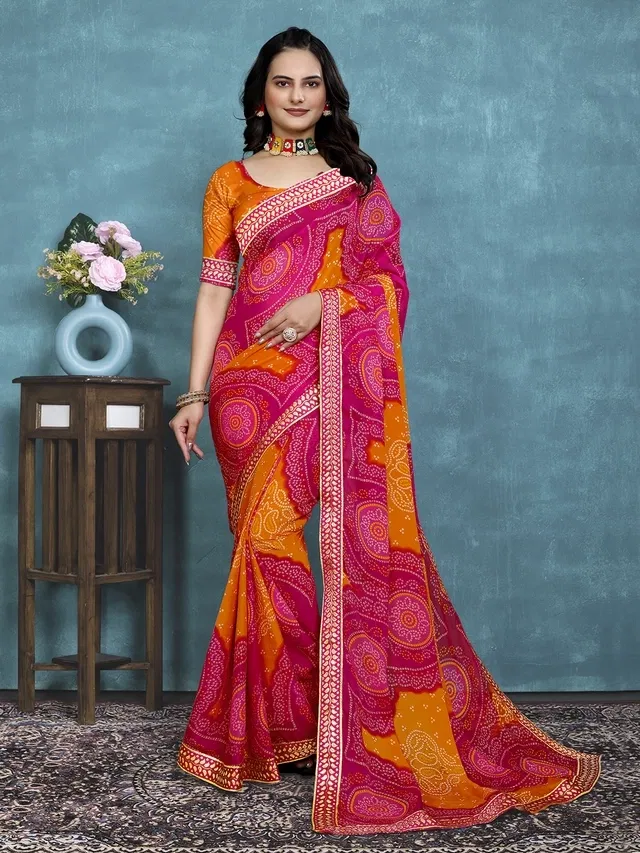 Georgette Bandhini Saree for Women (Pink)