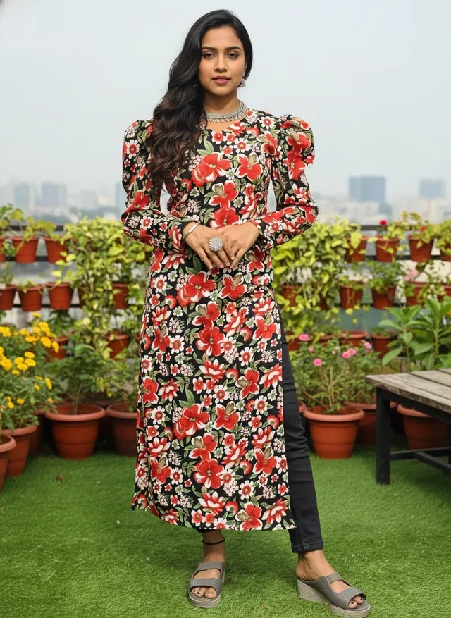 Floral Print Kurti for Women (Black, XXL)