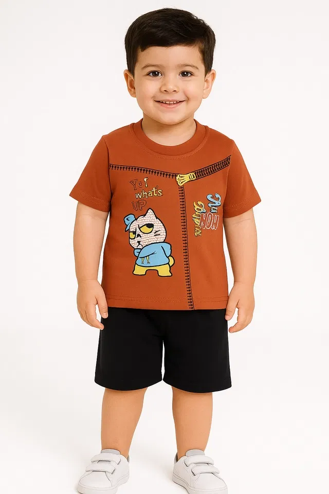 Solid Cotton Blend Top & Bottom Set for Boys (Rust, 1-2 YR)