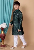 Dupion Silk Embellished Kurta with Payjama for Boys, Bottle Green & White 