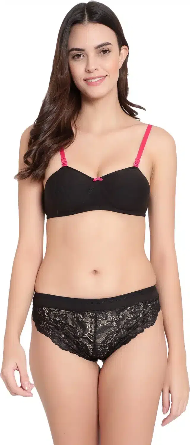 Cotton Blend Lingerie Set for Women (Black, 34B)