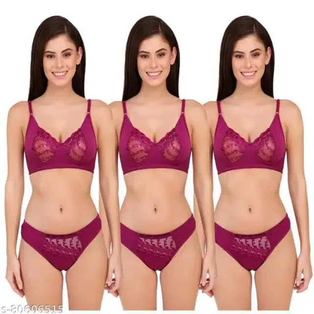 Polycotton Lingerie Set for Women (Purple, 36B) (Pack of 3)