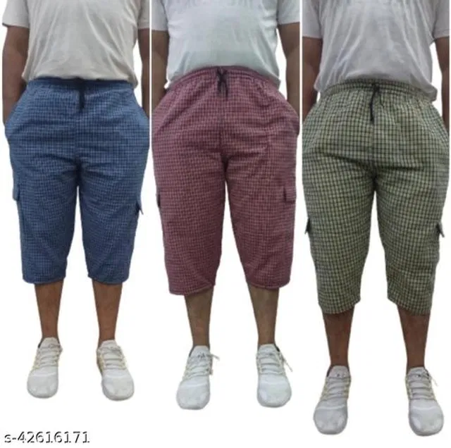 Cotton Blend Three Fourths for Mens (Multicolor, Free Size) (Pack of 3)