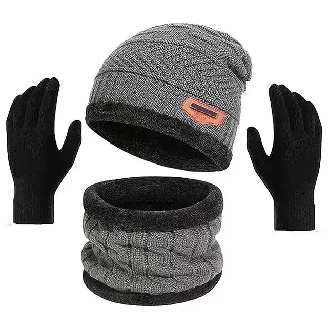 Beanie Cap with Neck Warmer & Gloves for Unisex (Grey & Black, Set of 3)